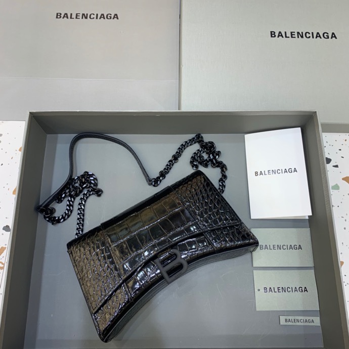 Balenciaga Big Hourglass Wallet With Chain Crocodile Embossed Shoulder Bag Black